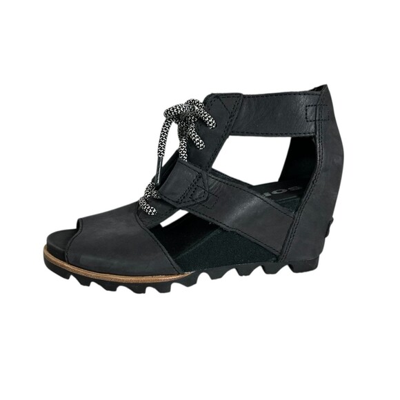 Sorel Joanie Wedge Lace up Sandals Size 7.5 Black Leather Gladiator - Picture 6 of 9